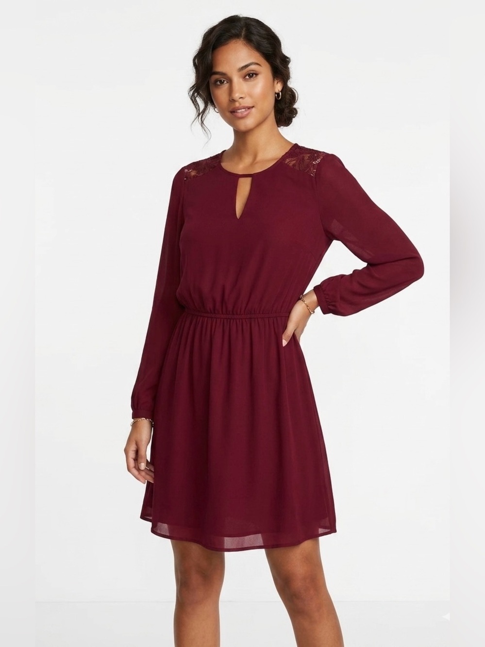 Express Women's Burgundy Long-Sleeve Keyhole Dress with Lace Shoulders